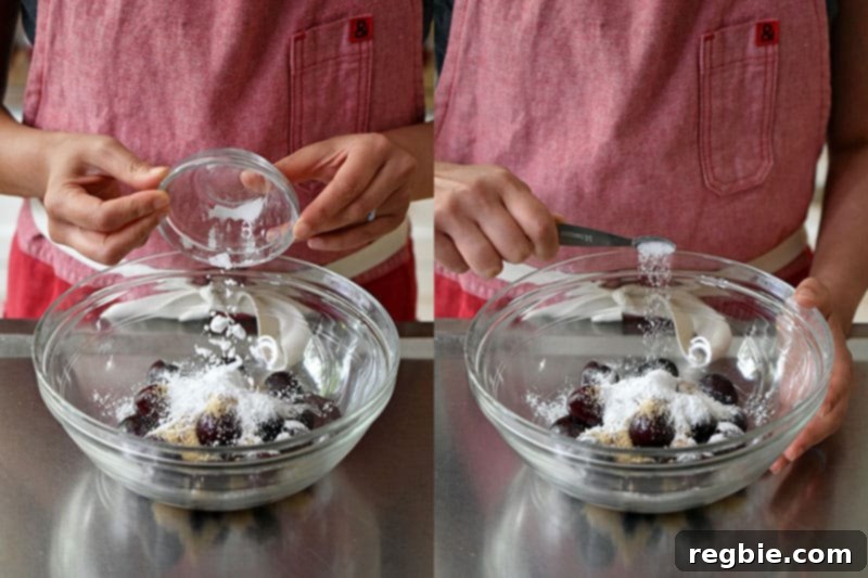 Adding the tapioca starch, maple sugar, salt, lemon juice, and pitted cherries in a glass bowl.