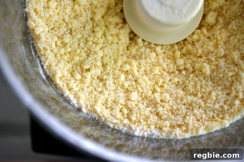 Overhead shot of open food processor showing the coarse texture of the gluten-free galette dough.