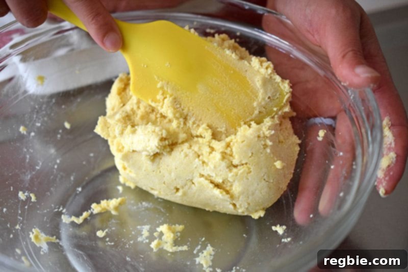 A silicone spatula is folding in cold water into the nut-free and gluten-free galette dough.
