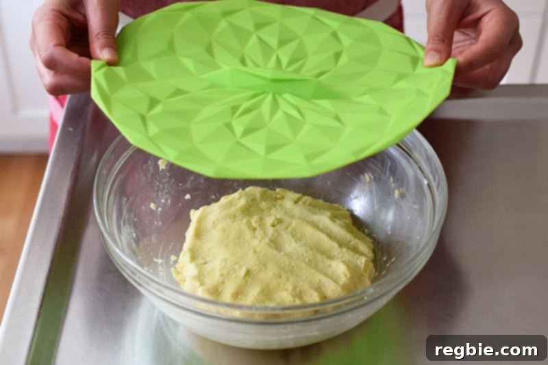 The galette dough is flattened into a disk shape in a glass bowl that is being covered with a green silicone lid.