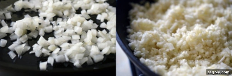 Effortless Cauliflower Rice 6 Close up shot of minced onions being sautéed in a skillet. The image on the right as riced cauliflower in the pan.