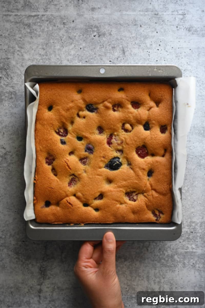 An overhead shot of paleo and gluten free berry snack cake right out of the oven.