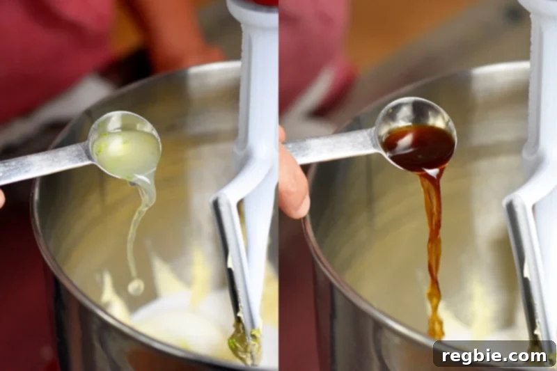 Adding lime juice and vanilla to the wet ingredients in the stand mixer.