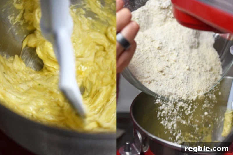 On the left is the wet ingredients in the stand mixer. On the right, someone is adding half the dry ingredients to the wet ingredients in the mixer.
