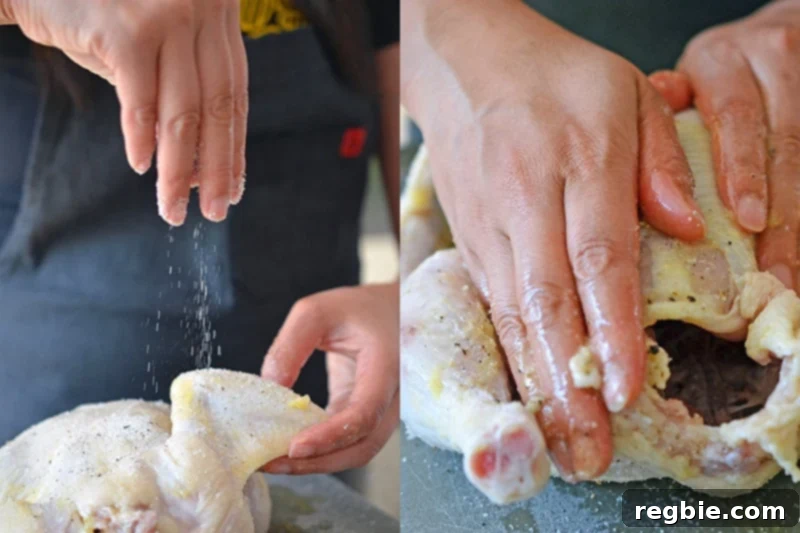 Generously sprinkling a salt and pepper mixture over a raw whole chicken, a vital step in preparing a flavorful weeknight roast chicken.
