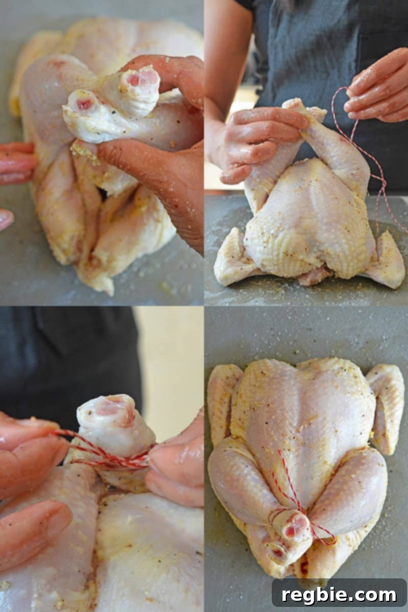 Trussing the legs of a Weeknight Roast Chicken with kitchen twine to ensure even cooking and a neat presentation.
