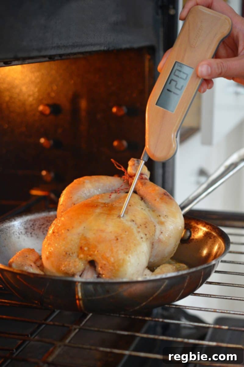A meat thermometer showing 120°F, inserted into the breast of a Weeknight Roast Chicken to verify its internal temperature during the initial roasting phase.