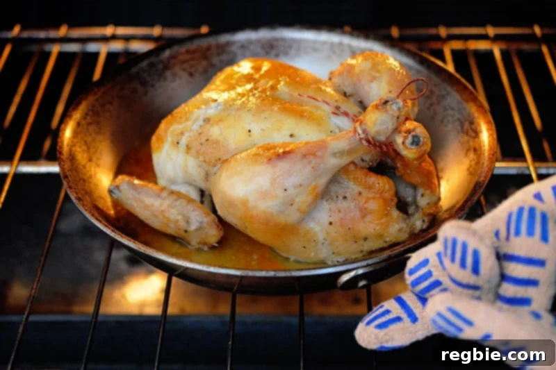 Carefully removing a healthy and easy Weeknight Roast Chicken, cooked to perfection in a skillet, from the oven.