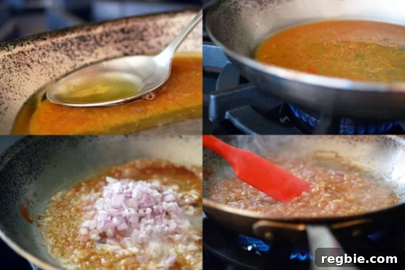 A four-panel sequence illustrating the preparation of pan sauce for an oven-roasted whole chicken, showing the addition of shallots and initial cooking stages.