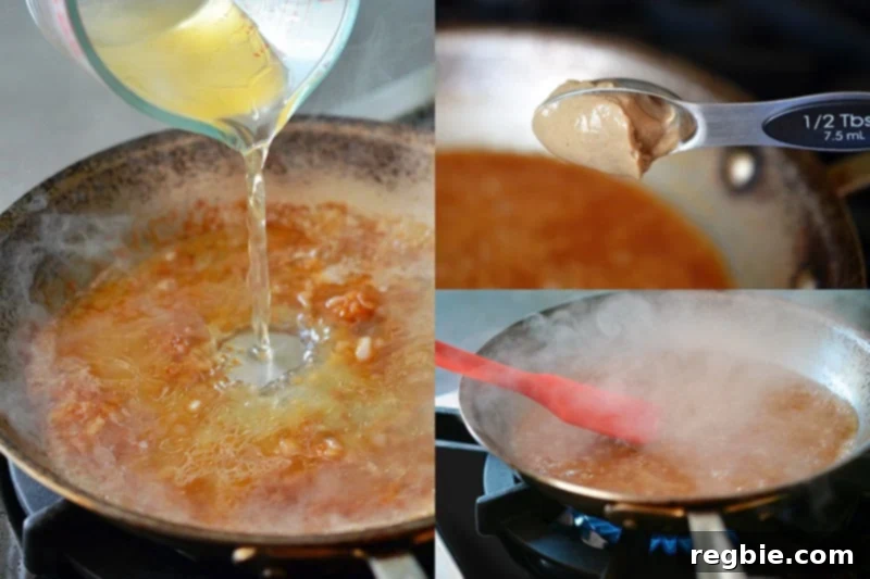A four-part visual guide detailing the process of making pan sauce for an oven-roasted whole chicken, from adding broth to achieving the desired reduction.