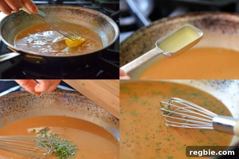 A visual guide showing the final steps of making an oven-roasted whole chicken pan sauce, including whisking in chilled ghee and fresh herbs for richness and flavor.