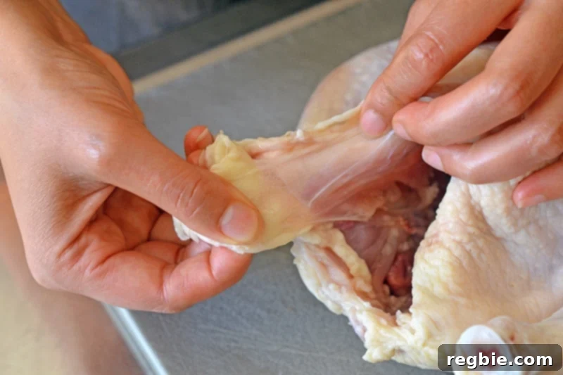 Carefully removing excess fat from the cavity of a raw whole chicken, a preparatory step for cooking a Whole30-compliant roast chicken.