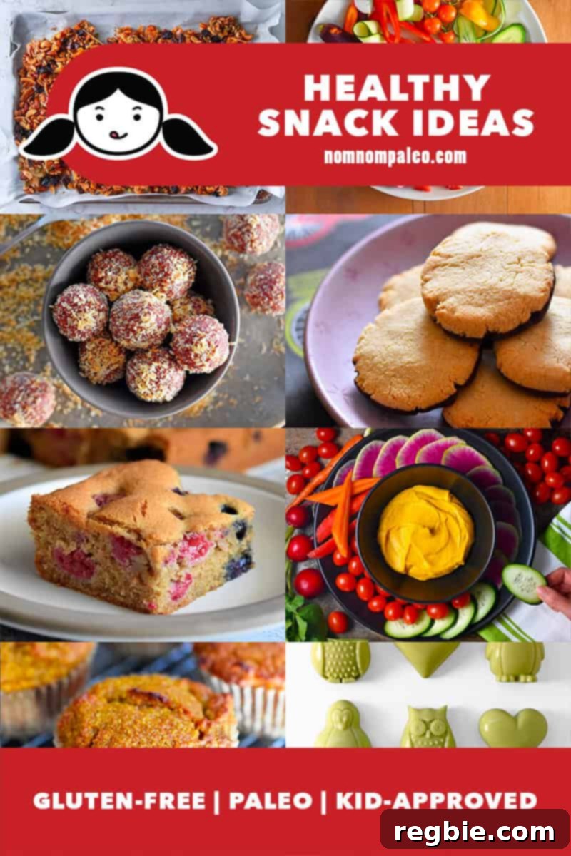 A vibrant collage showcasing a variety of healthy, kid-approved gluten-free and paleo snack ideas, perfect for busy families.