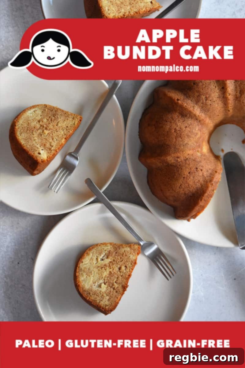 Grain Free Spiced Apple Bundt Cake 2 An overhead shot of a beautifully baked Paleo Apple Bundt Cake and three elegant slices on white plates. A red banner clearly indicates it is paleo, gluten-free, and grain-free, highlighting its healthy attributes.