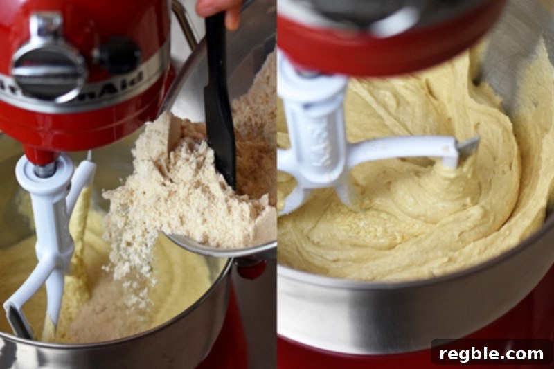 Grain Free Spiced Apple Bundt Cake 12 Two photos demonstrating the careful addition of half the dry ingredients to the apple Bundt Cake batter and the resulting well-mixed consistency.