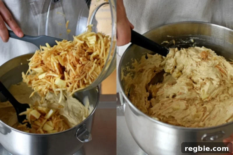 Grain Free Spiced Apple Bundt Cake 13 Two photos showcasing the gentle folding of shredded apples into the apple Bundt Cake batter using a spatula.