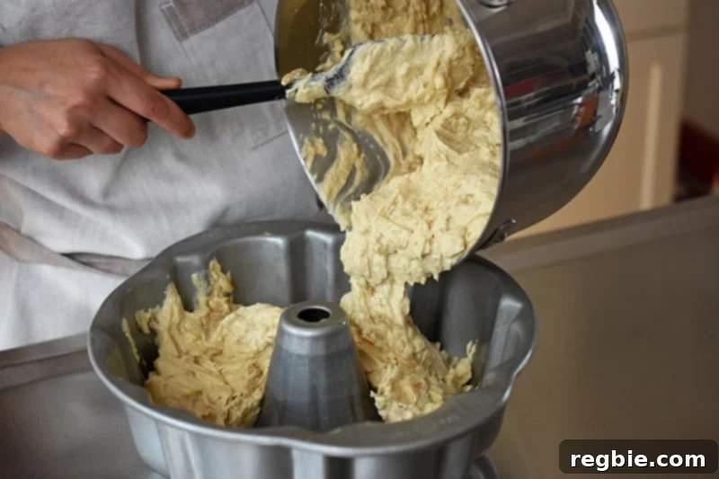 Grain Free Spiced Apple Bundt Cake 14 Someone using a black silicone spatula to smoothly transfer the apple Bundt Cake batter into a greased bundt pan, ensuring an even layer.