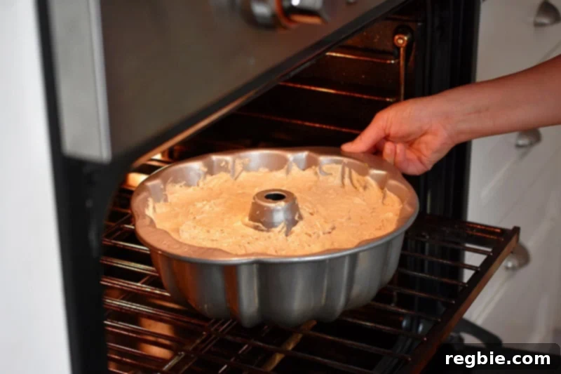 Grain Free Spiced Apple Bundt Cake 15 Someone carefully placing the unbaked gluten-free apple Bundt Cake in the oven to begin baking.