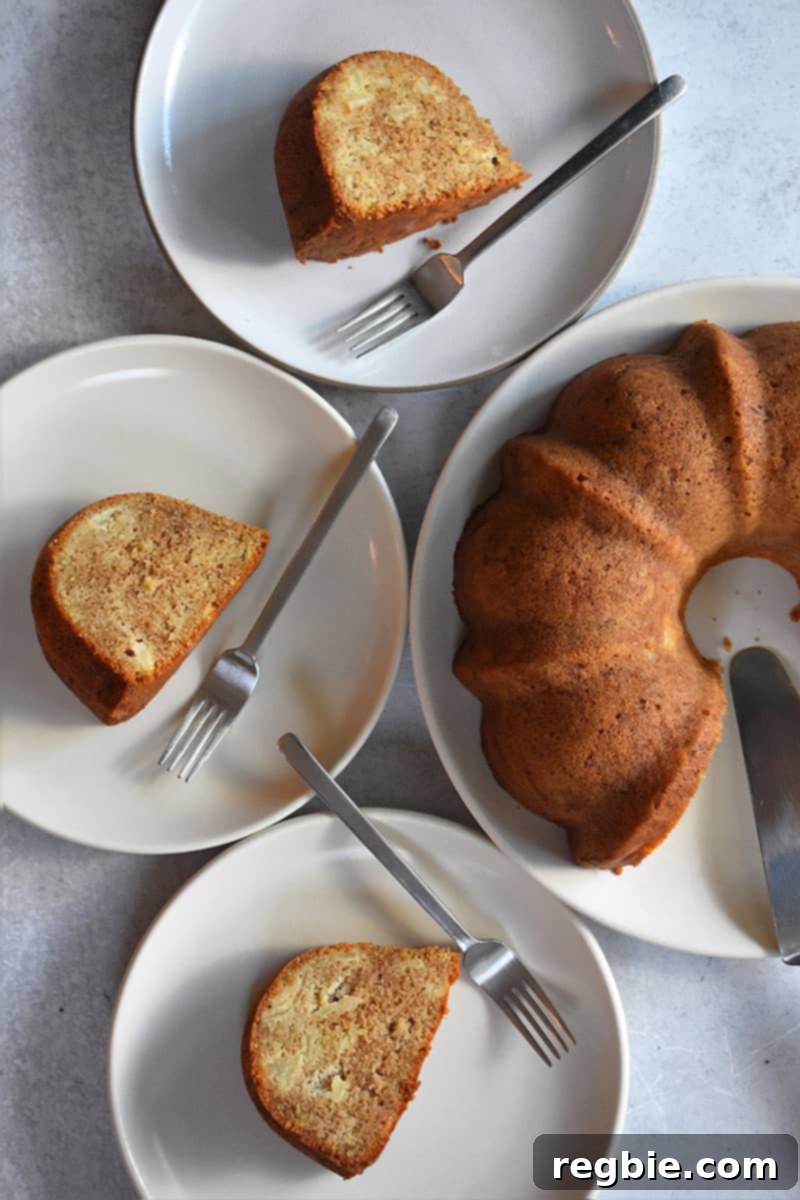 Grain Free Spiced Apple Bundt Cake 19 An inviting overhead shot of the full paleo and gluten-free apple Bundt Cake, artfully surrounded by three plates each holding a slice, ready to be enjoyed.