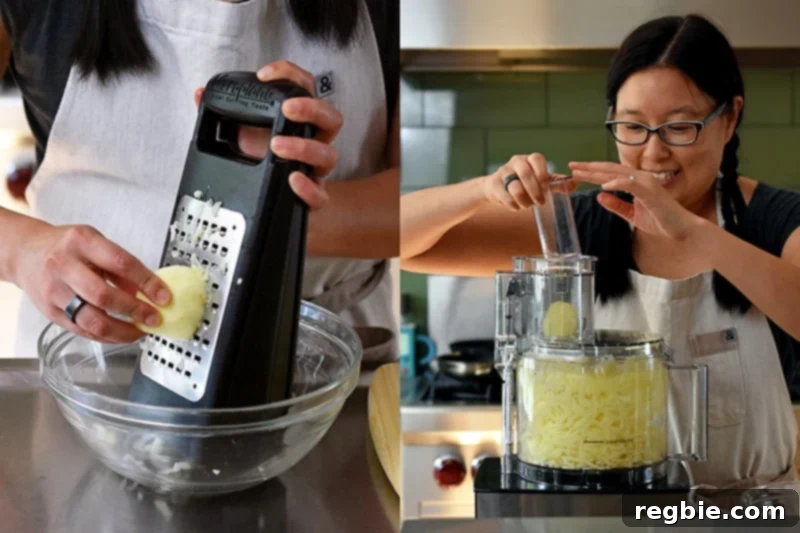 Grain Free Spiced Apple Bundt Cake 6 An Asian woman expertly grating half of the apples using the large holes of a grater and a food processor for the apple Bundt Cake.