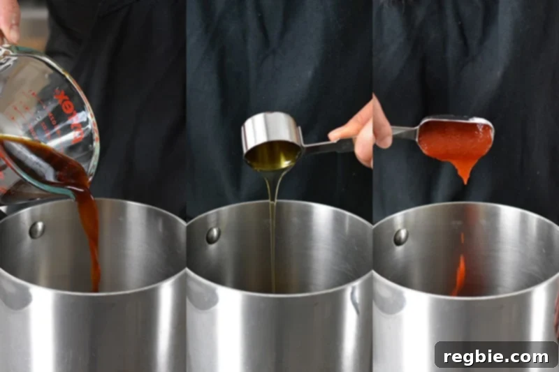 The initial steps of creating the Asian Sticky Wings sauce: coconut aminos, honey, and sriracha are carefully added to a small saucepan, ready to be heated and combined.