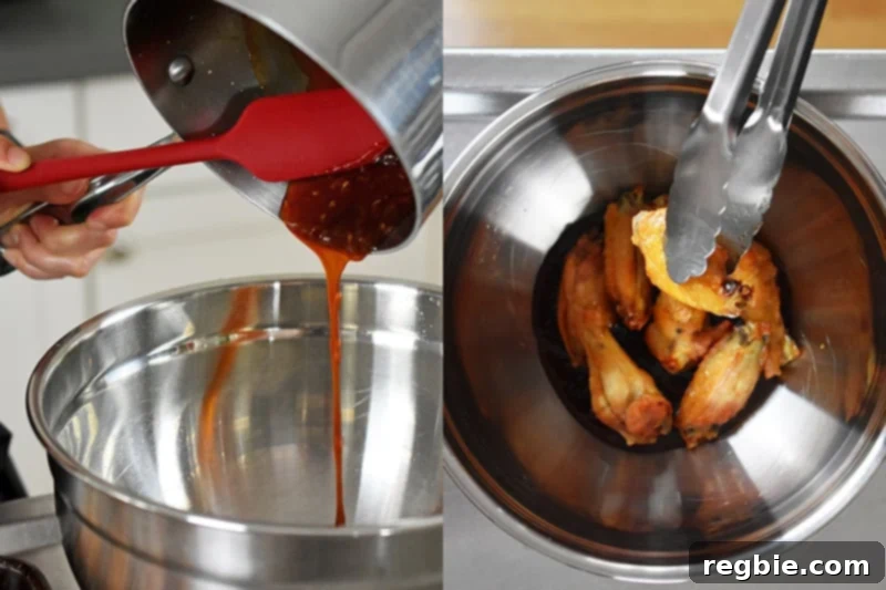 A saucepan expertly pouring sticky Asian sauce into a large metal mixing bowl, as crispy chicken wings are simultaneously added, preparing for the final flavorful toss.