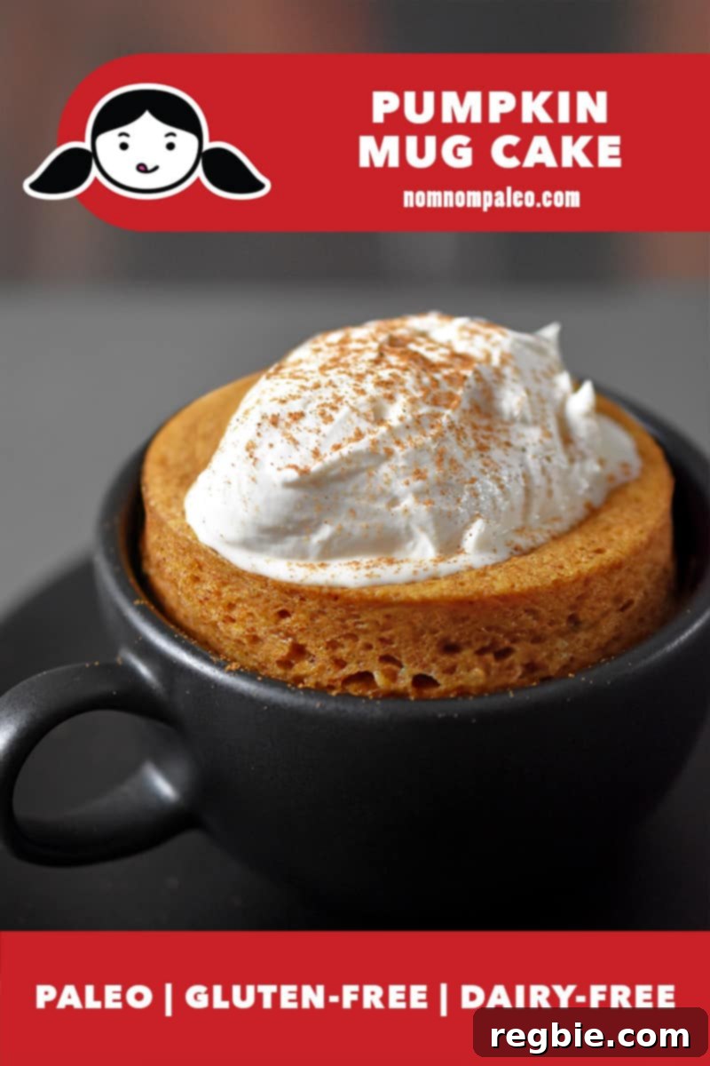 Quick Paleo Gluten-Free Pumpkin Mug Cake 2 A paleo and gluten-free pumpkin mug cake topped with coconut cream in a black coffee mug. The red banner says it is paleo, gluten free, and grain free.