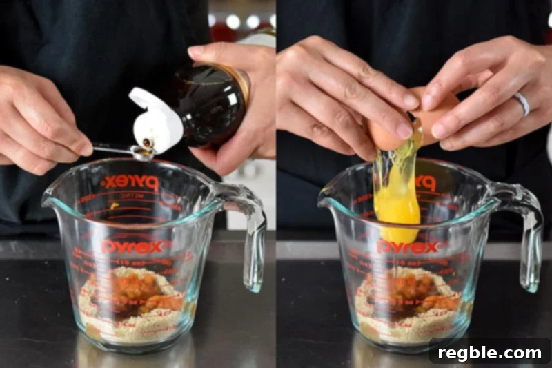 Quick Paleo Gluten-Free Pumpkin Mug Cake 4 Two shots of someone adding vanilla extract and an egg to the liquid measuring cup filled with the ingredients for paleo and gluten-free pumpkin mug cake.