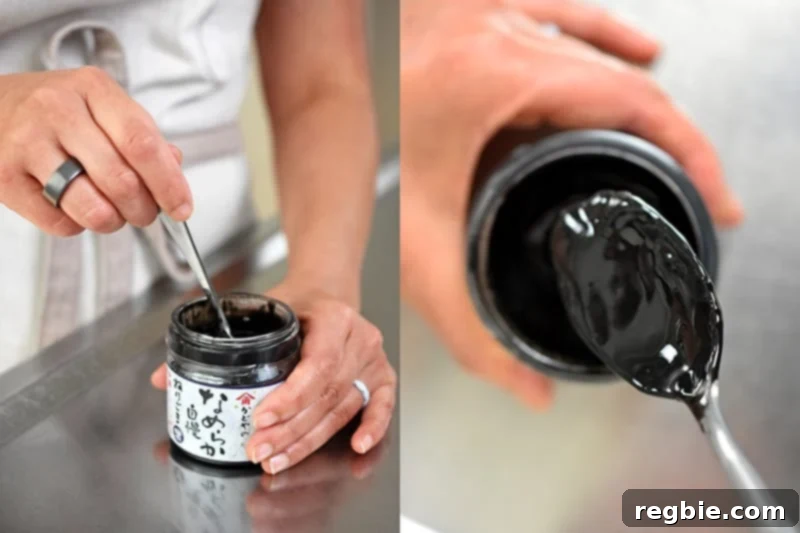 Paleo Black Sesame Mug Cake Indulgence 4 Someone stirring a jar of Japanese black sesame paste to reincorporate the oil, and an overhead shot of someone spooning out the glossy black, runny paste.