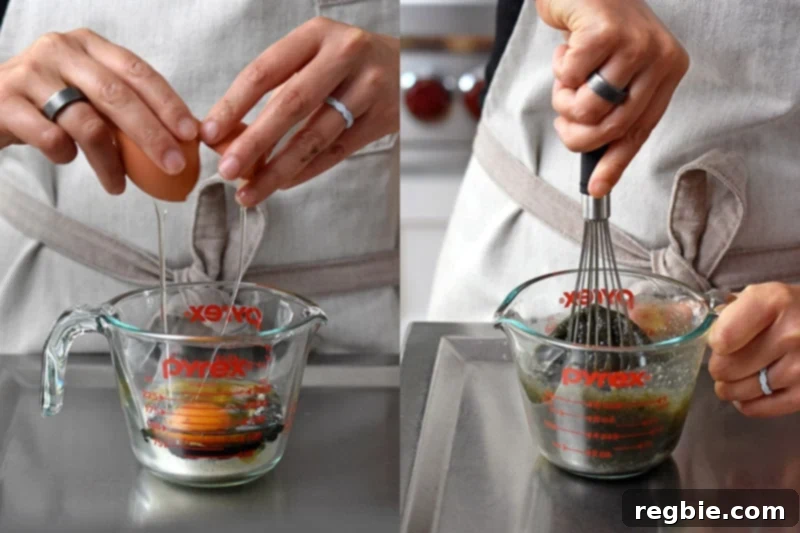 Paleo Black Sesame Mug Cake Indulgence 6 Adding the wet ingredients, including black sesame paste, to the liquid measuring cup with dry ingredients and whisking it well until smooth.