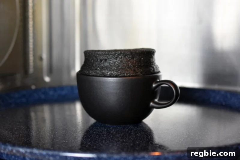 Paleo Black Sesame Mug Cake Indulgence 9 Looking inside a microwave at a black tea cup filled with a puffed-up black sesame cake, ready to be removed and enjoyed.