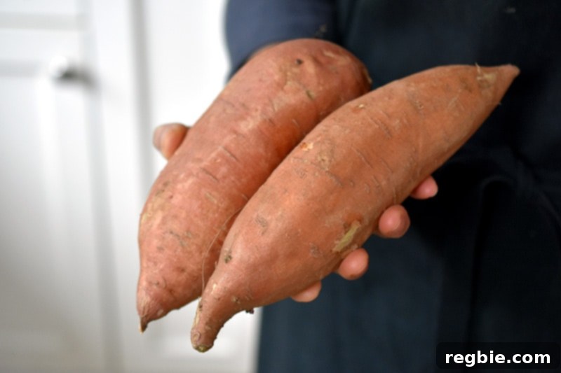 A hand holding two unpeeled garnet sweet potatoes.
