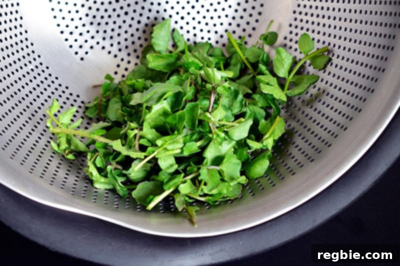 Watercress sitting in a colander.
