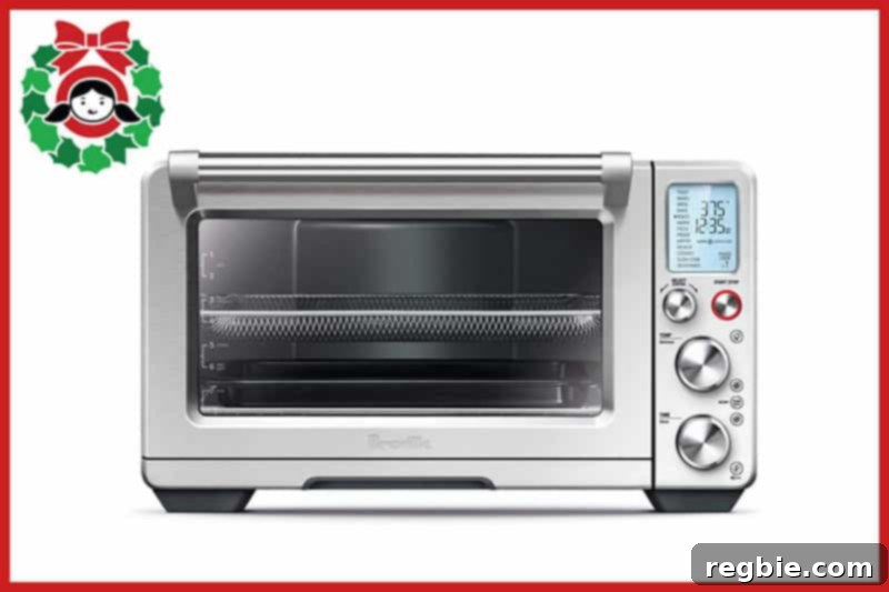 A front view of a sleek Breville Smart Oven Air, a highly recommended kitchen appliance.