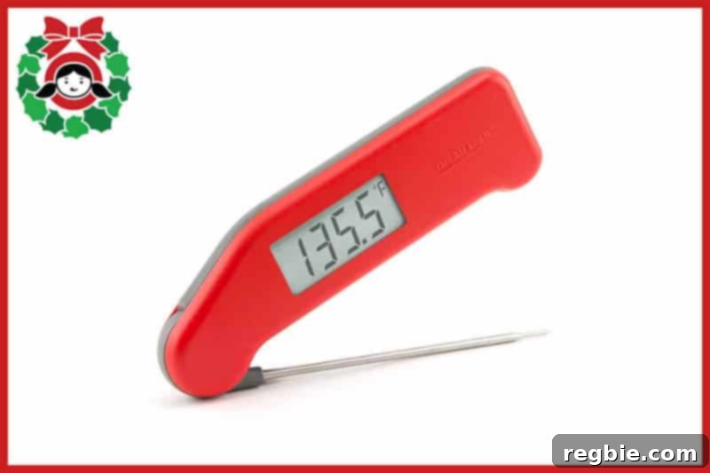 A front view of a vibrant red Thermapen Mk4, an essential tool from the 2020 Holiday Gift Guide.