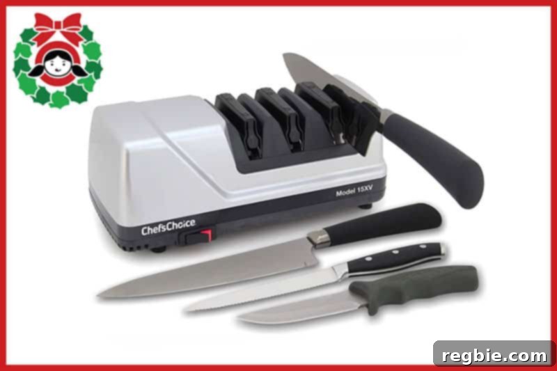 A front shot of a Chef's Choice Trizor XV electric knife sharpener with various knives, a key item in the Holiday Gift Guide.