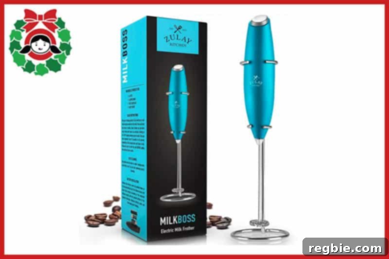 A front view of a stylish turquoise Zulay milk frother, a perfect stocking stuffer.