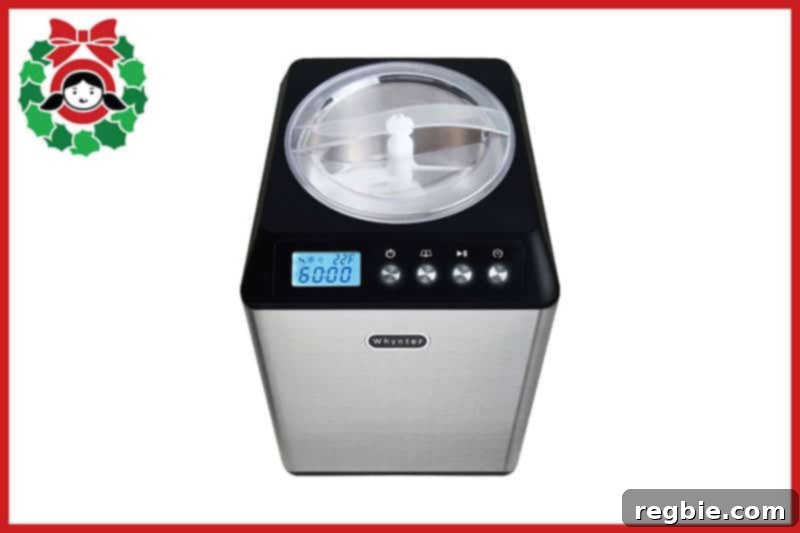 An overhead shot of a state-of-the-art Wynter upright automatic ice cream maker, a dream gift for dessert lovers.
