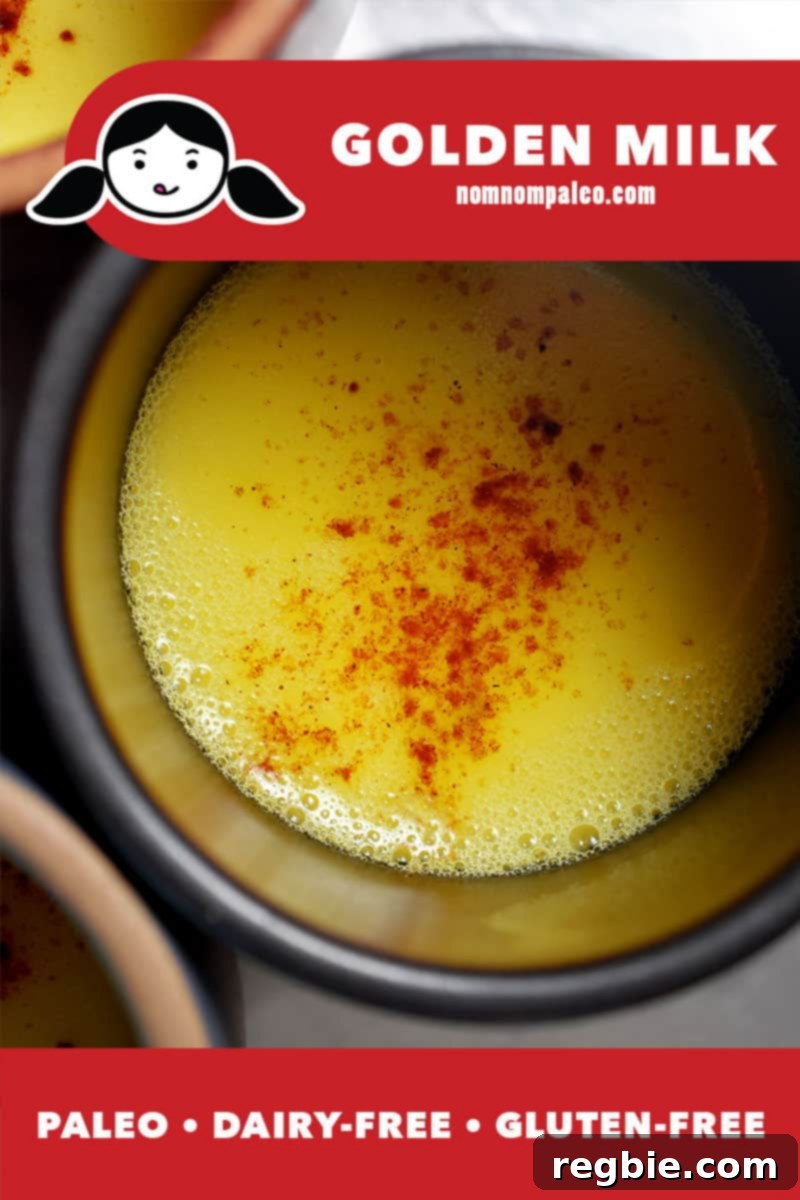 Paleo Dairy-Free Golden Turmeric Elixir 2 An overhead shot of a mug of Golden Milk with ground cinnamon on top, highlighting its paleo, dairy-free, and gluten-free attributes.