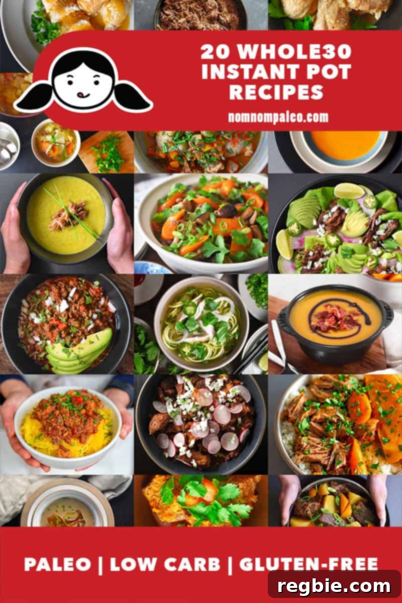 A vibrant collage showcasing 20 Whole30 Instant Pot recipes from Nom Nom Paleo, highlighting delicious, healthy, and easy-to-make paleo, gluten-free, and low-carb meals.