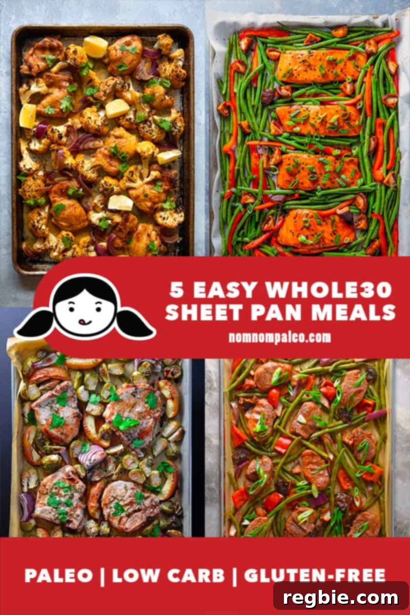 An overhead shot of four vibrant Nom Nom Paleo Whole30 sheet pan meals, featuring various proteins and vegetables, ready to be enjoyed.