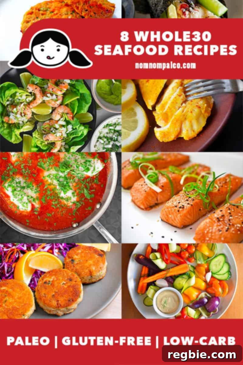 Coastal Whole30: 8 Seafood Creations 2 A collage of 8 Nom Nom Paleo recipes that are Whole30 compatible seafood recipes. The red banner at the bottom says paleo, gluten-free, and low carb