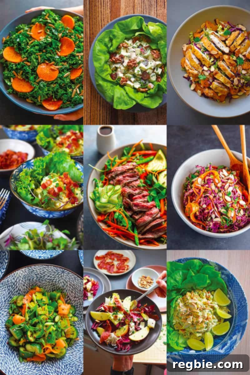 A collage of nine Nom Nom Paleo Whole30 salads