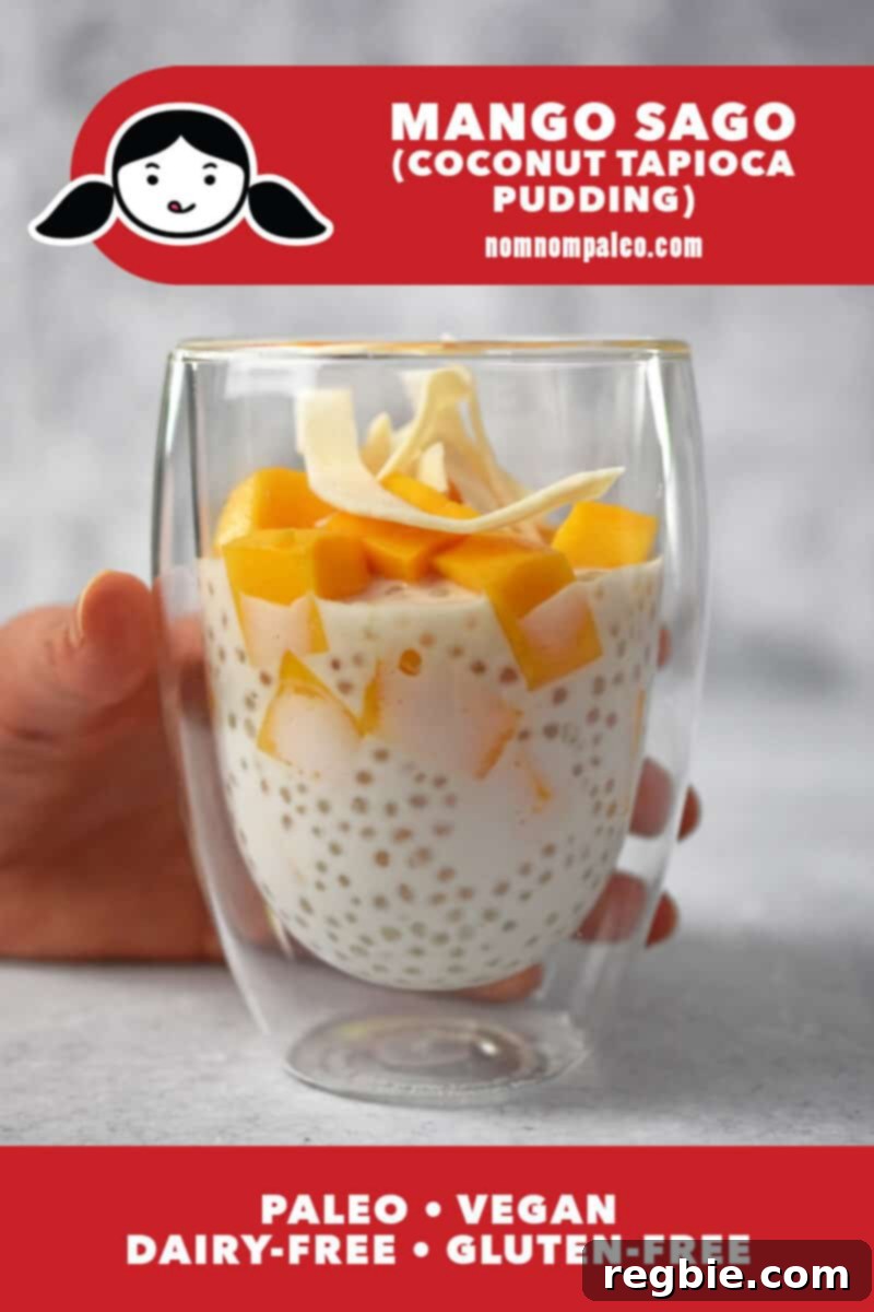 Tropical Mango Coconut Tapioca 2 A side view of a cup filled with mango sago, a coconut tapioca pudding with fresh mango cubes on top. There is a red banner that says paleo, vegan, dairy-free, and gluten-free.