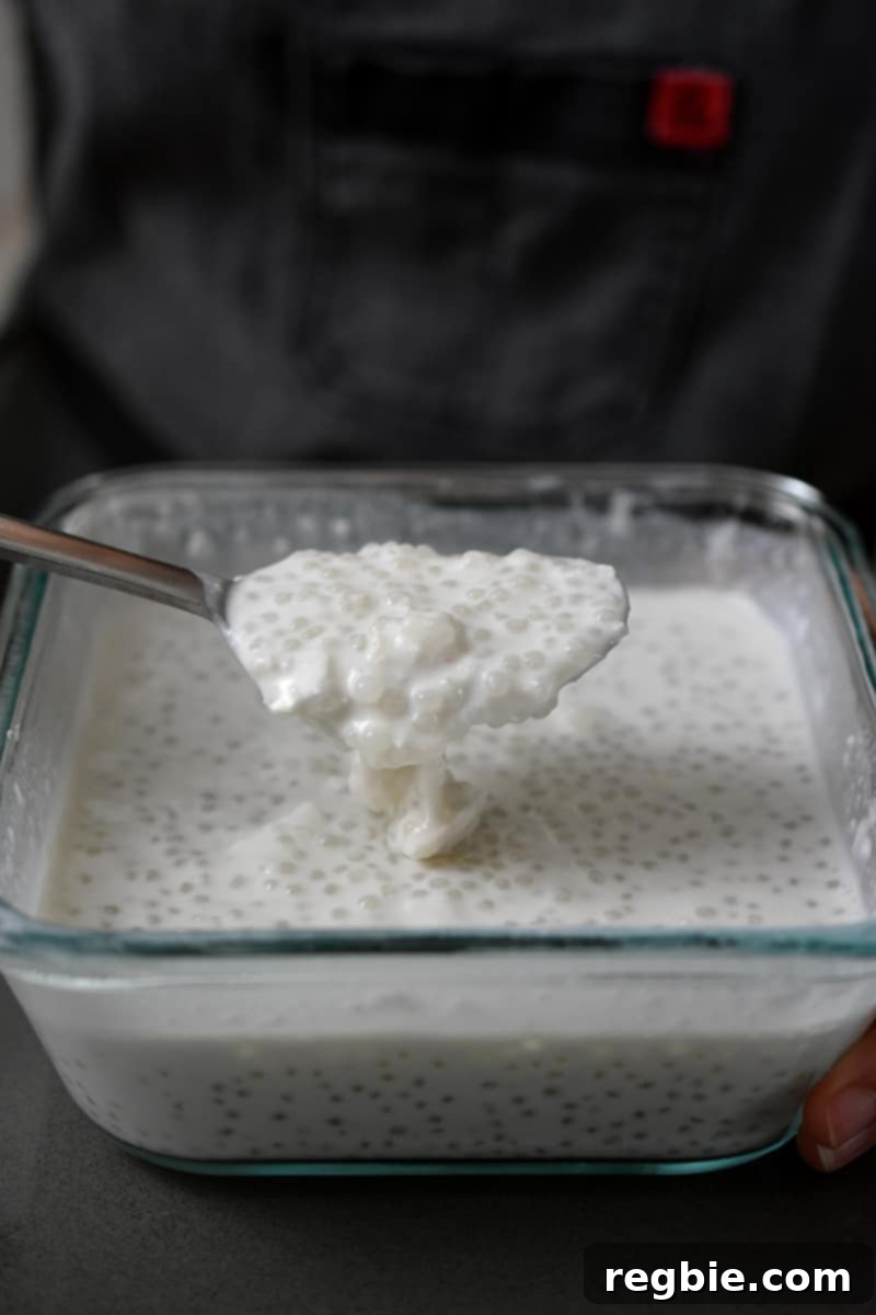Tropical Mango Coconut Tapioca 17 A spoon is lifting up a spoonful of coconut milk tapioca from a square glass container.