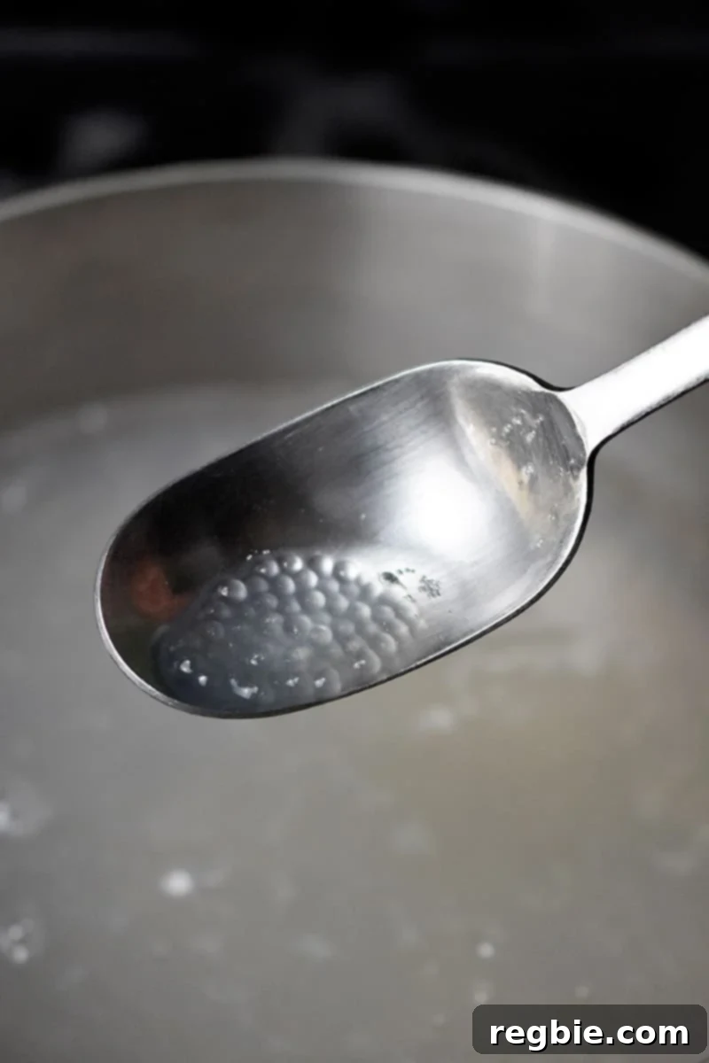 Tropical Mango Coconut Tapioca 9 A closeup of a silver spoon with small tapioca pearls inside. The tapioca pearls are clear and no longer white colored.