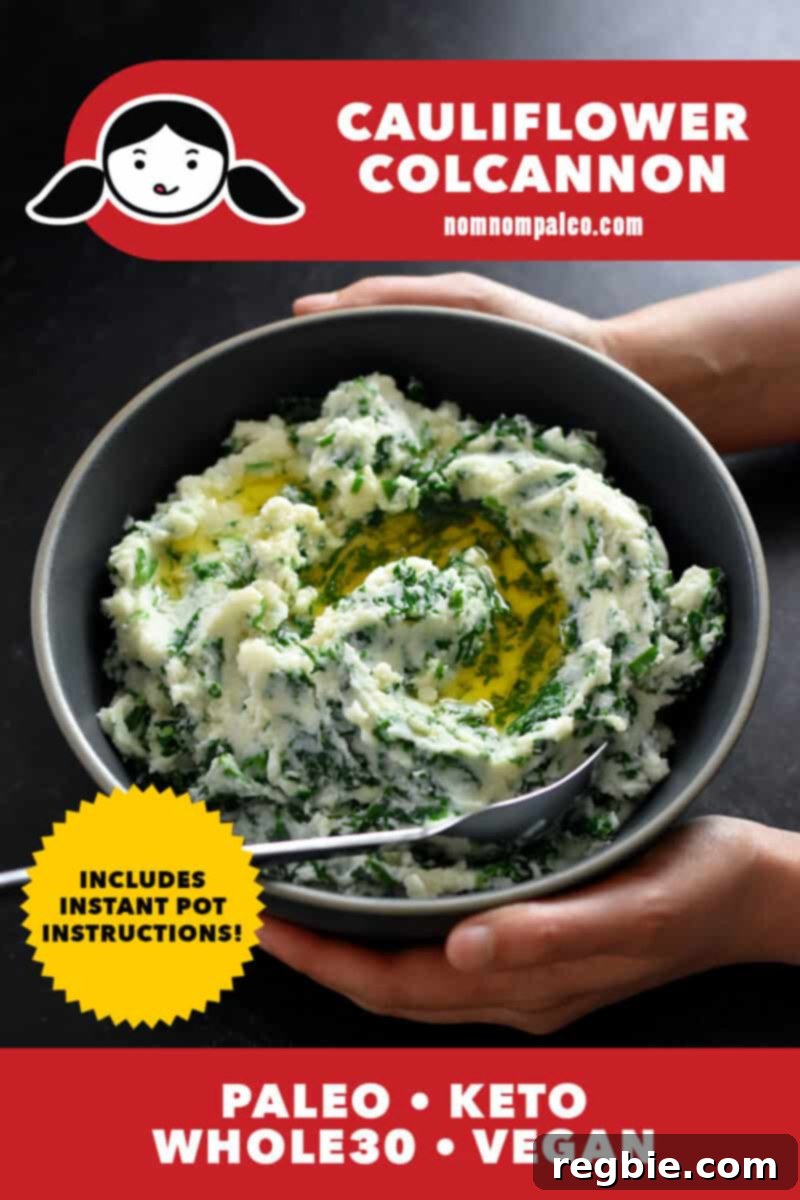 Garden Colcannon 2 Two hands are holding a bowl filled with cauliflower colcannon. A yellow badge says