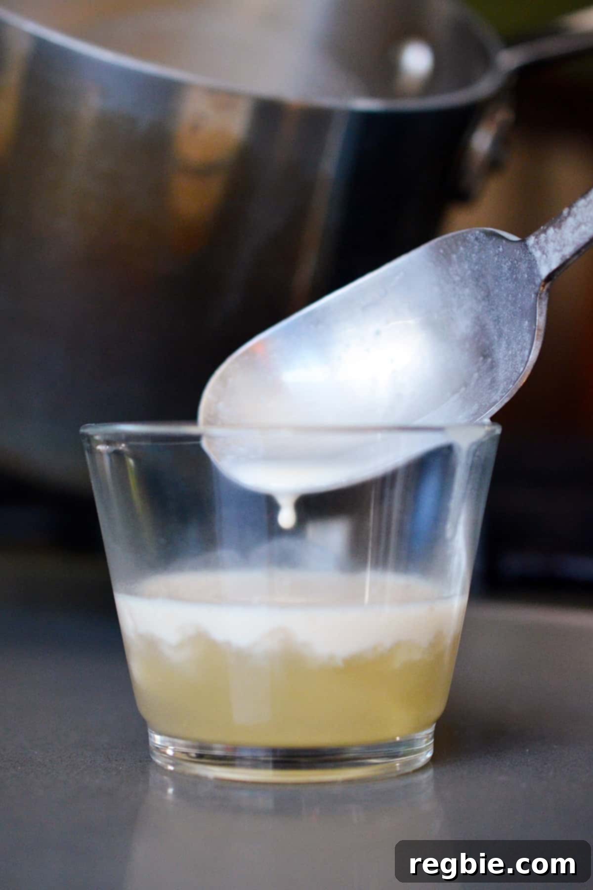 Adding some warmed vanilla almond milk to the bloomed gelatin.