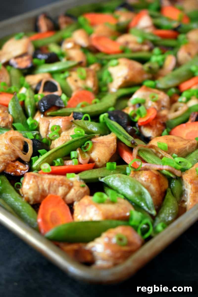 One-Pan Wonder Chicken Stir-Fry 4 A side view of a sheet pan chicken stir fry dinner right out of the oven, topped with scallions