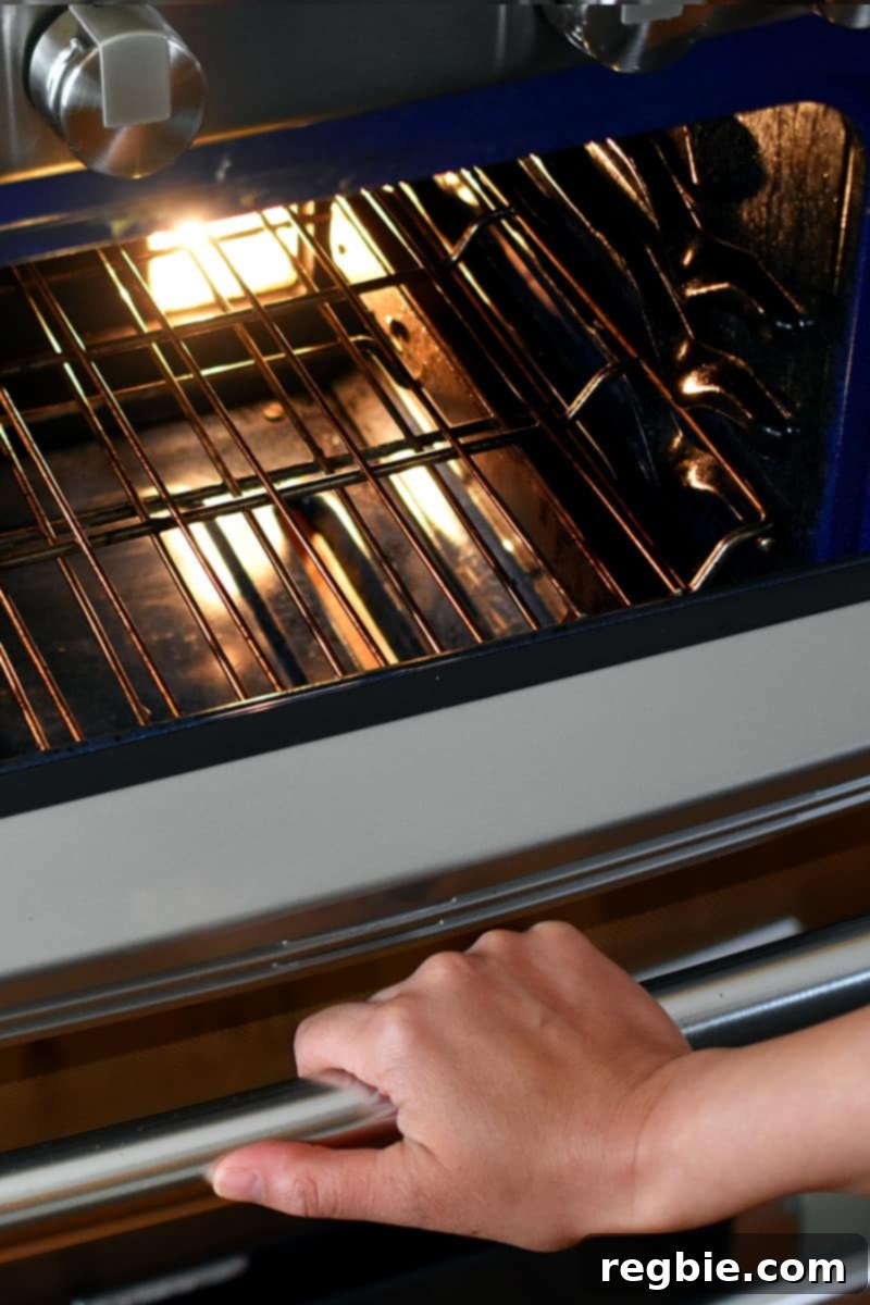 One-Pan Wonder Chicken Stir-Fry 5 A hand is opening an oven and you can see that the rack is in the middle of the oven.
